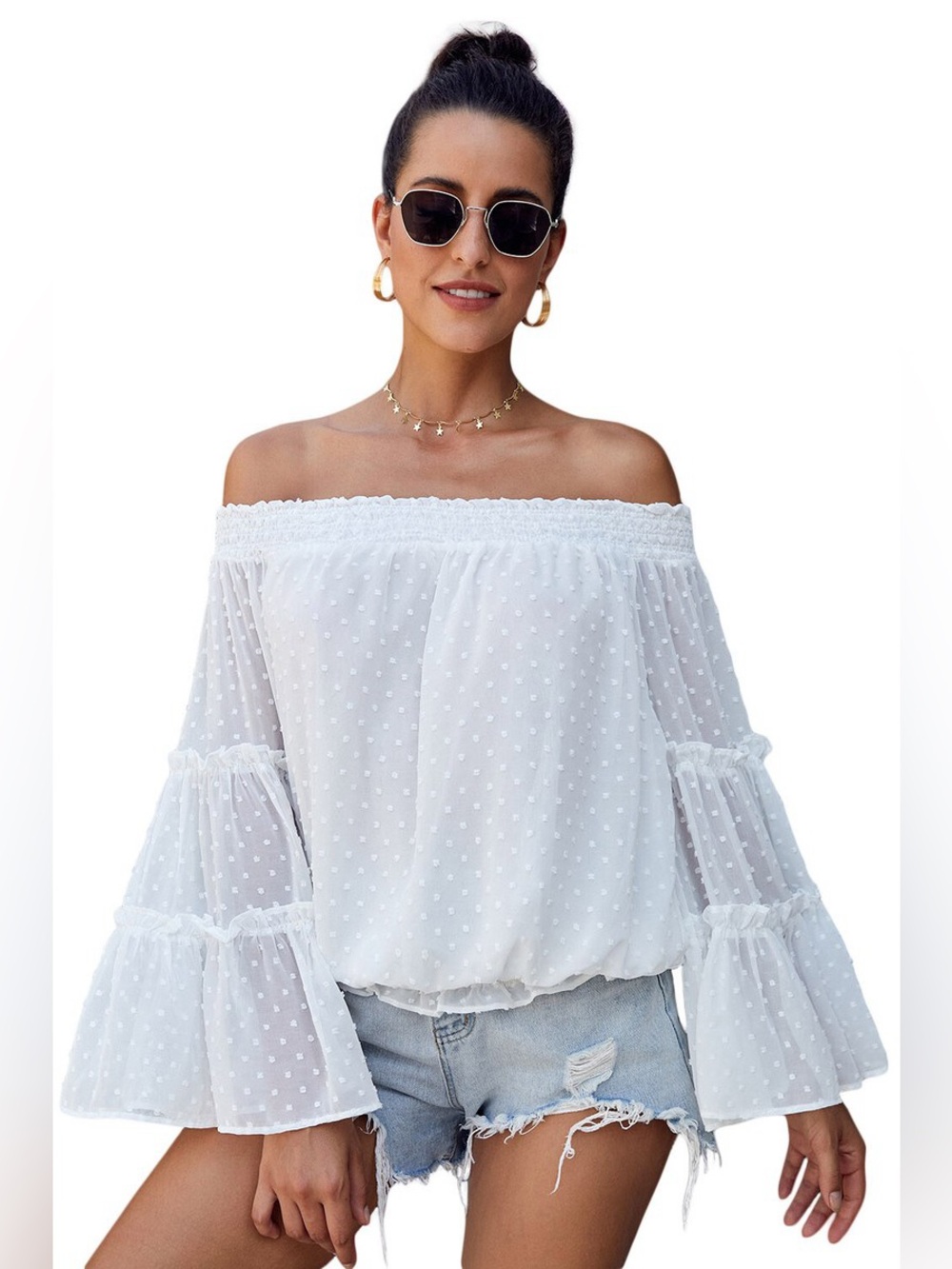 Boutique White Off-Shoulder Swiss Dot Bell Sleeve Top - Small